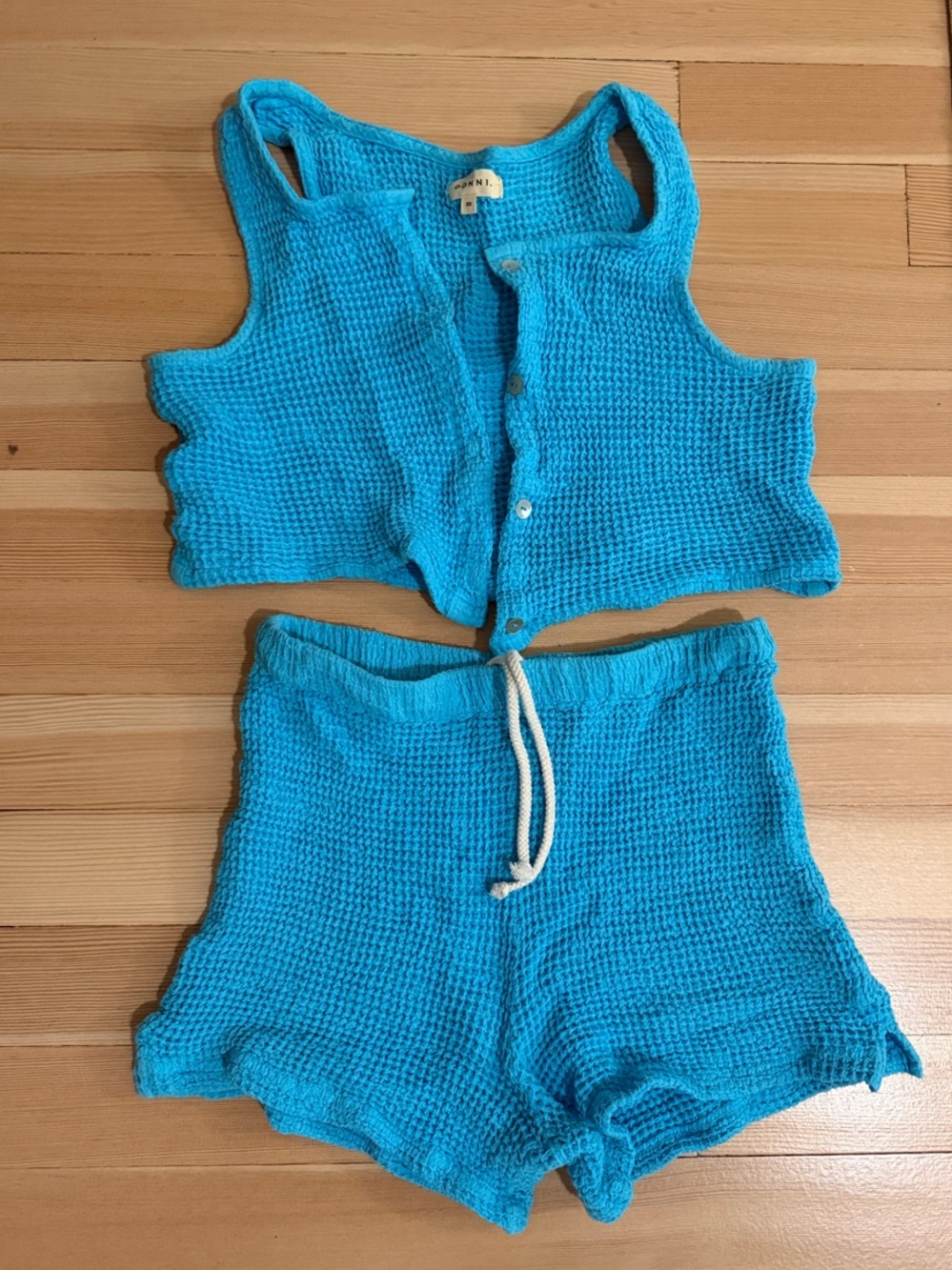 DONNI. Bright Turquoise Knit High-Waist Shorts & Vest